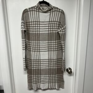 Max Studio Beige Cream Plaid L/S Mock Neck Sweater Dress Size Medium Knee Length